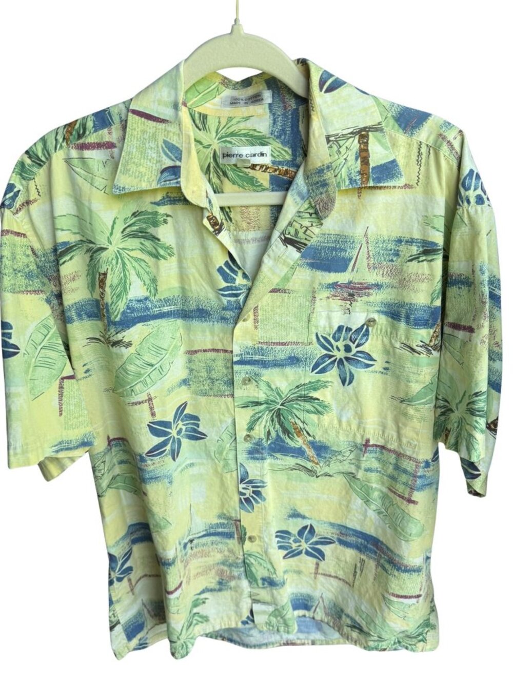 Pierre Cardin Tropical Hawaiian Shirt Large 100% Cotton Palm Tree Beach Vacation